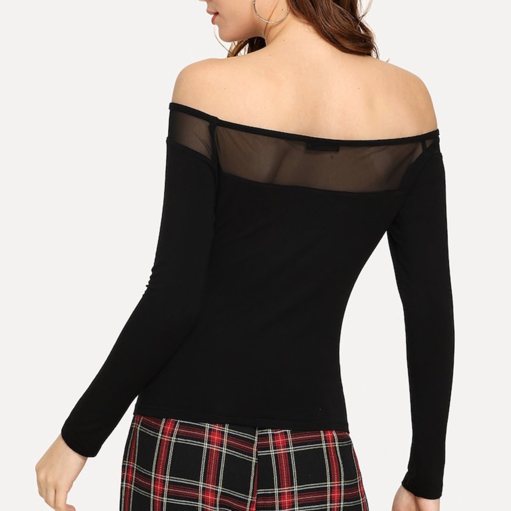 SOLD•Off Shoulder Mesh Contrast Tee - Picture 2 of 3